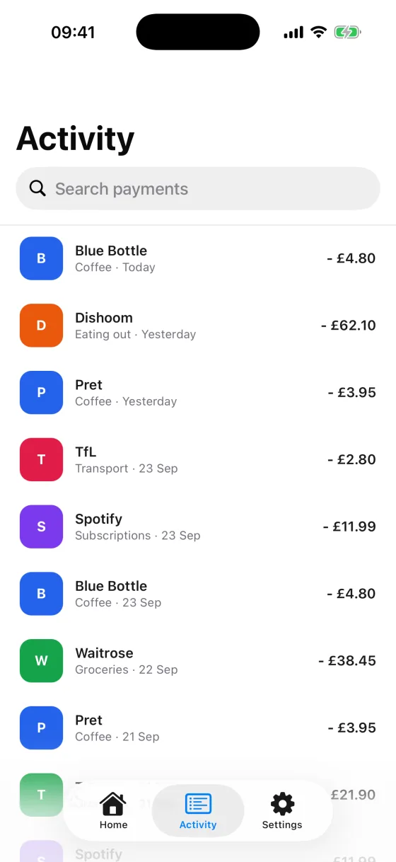 Wallet, Activity, iOS, light