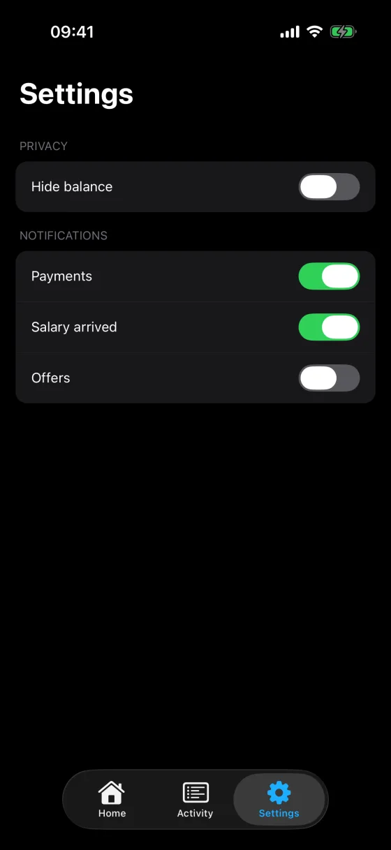 Wallet, Settings, iOS, dark