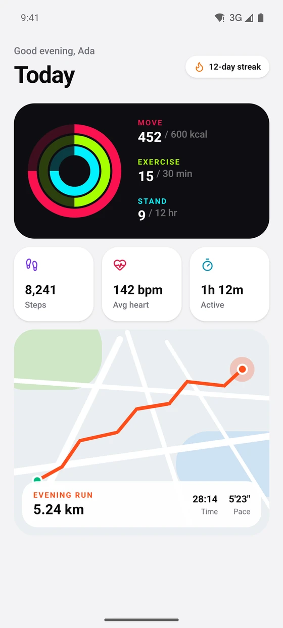 A fitness summary with activity rings and a map of an evening run, on Android