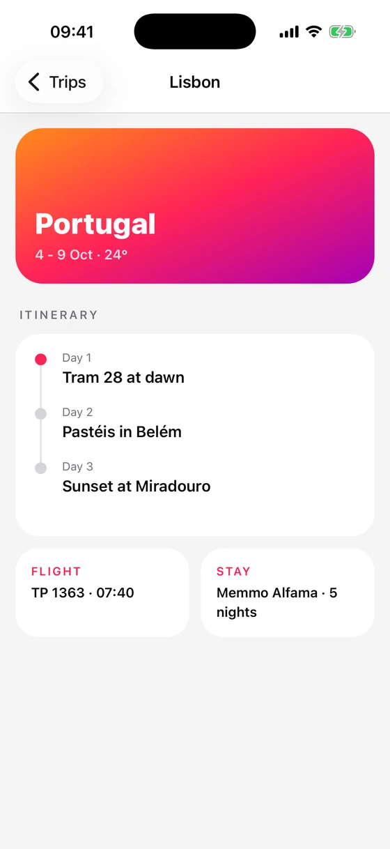 The pushed trip's itinerary, with the native back button